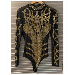 HMS Sheer Black Longsleeve Bodysuit Gold Studs NWT
